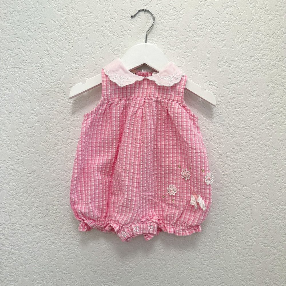 Vintage 90s B.T. Kids Pink White Seersucker Romper 3/6M